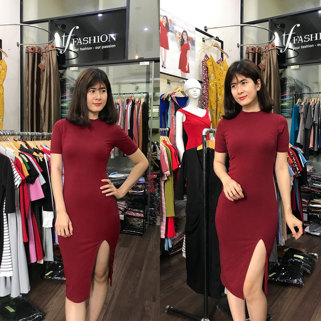Đầm ôm body cổ tròn tay ngắn xẻ tà một bên dài qua gối - TF342