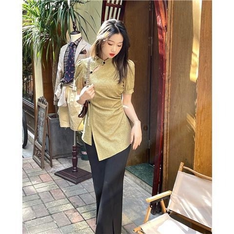 Sườn Xám Cách Tân Tay Ngắn Xẻ Tà Phong Cách Trung Hoa Cổ Điển Thời Trang Mùa Hè Mới Cho Nữ