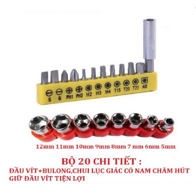 Bộ Đầu Vặn Vít Lắp Máy Khoan 12v- Dụng Cụ Vặn Vít Dùng Cho Máy Khoan Cầm Tay 20 Chi Tiết