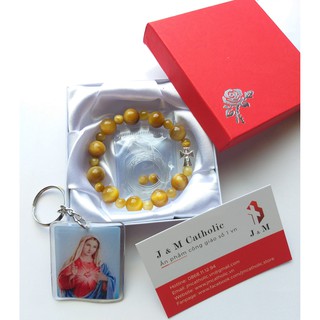 Chuỗi tràng hạt đeo tay màu vàng đá MH cùng với Thánh Giá bạc ta đẹp 10mm
