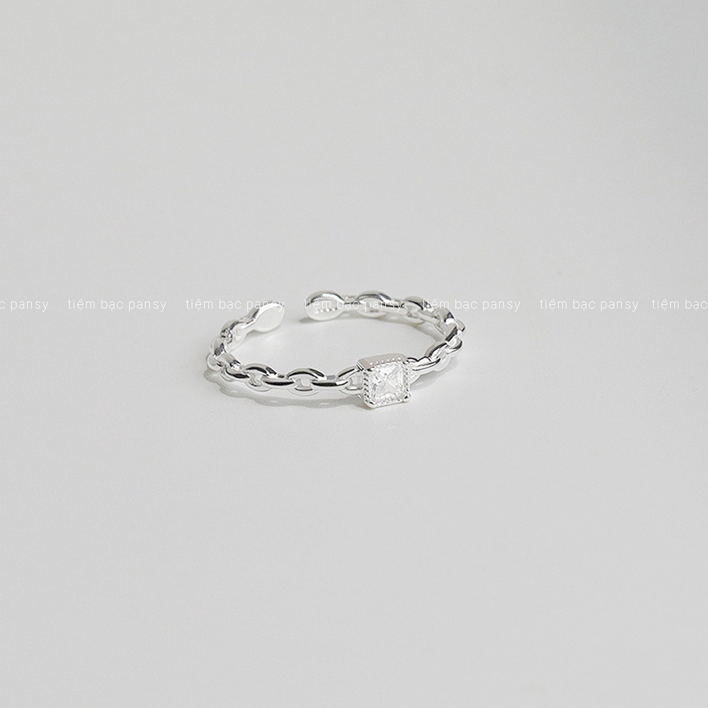 Nhẫn bạc nữ PANSY dạng dây xích hở freesize đính đá hình vuông, nhẫn xoắn bạc ta điều chỉnh được kích cỡ