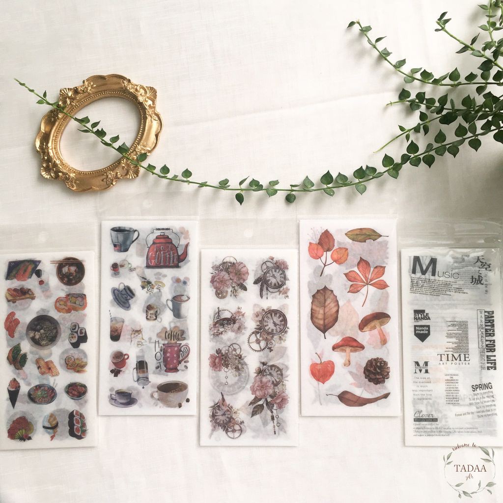 Set 6 sticker hoa lá vintage, món ăn, tiệc trà, chữ retro trang trí bullet journal