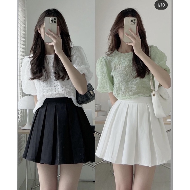 [Ảnh thật/Video] Áo sơ mi nữ Smile chất xốp bồng cách điệu cổ tròn phong cách Hàn Quốc áo sơ mi trắng trẻ trung