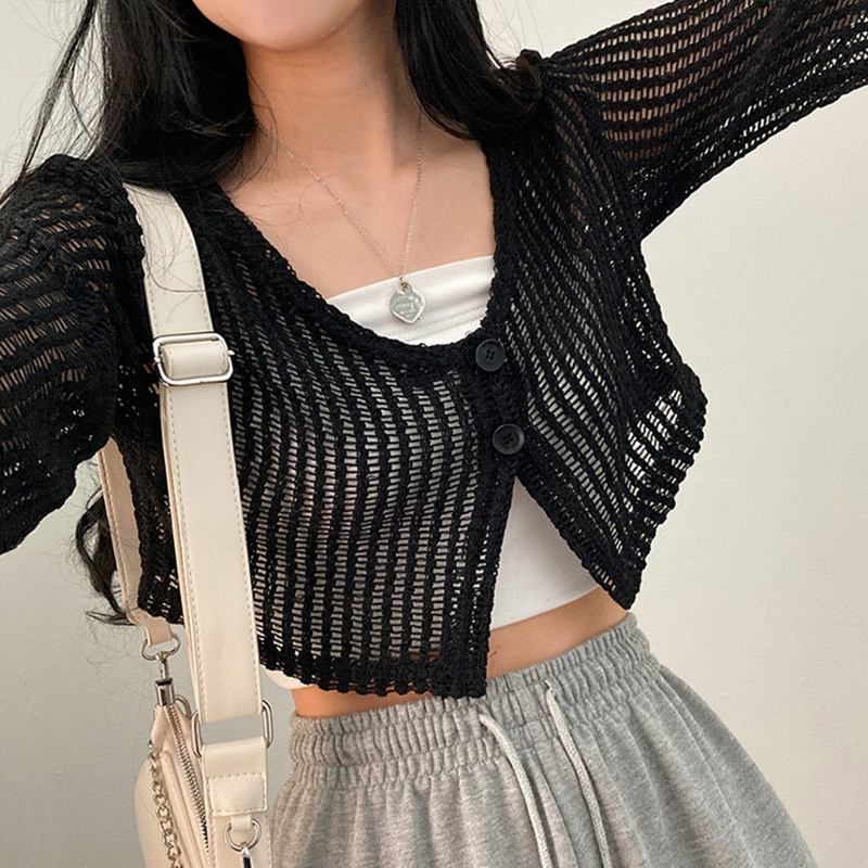 Áo Croptop Tay Dài Y2k Thiết Kế Hở Trước Quyến Rũ