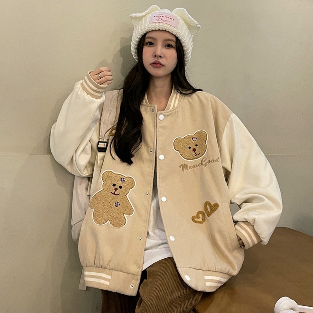 Áo Khoác Nỉ Bomber Nam Nữ From Rộng, Phối Chữ Họa Tiết Gấu Cực hot, Thiết Kế Thời Trang Dễ Thương Mẫu Hot Trend TNL2