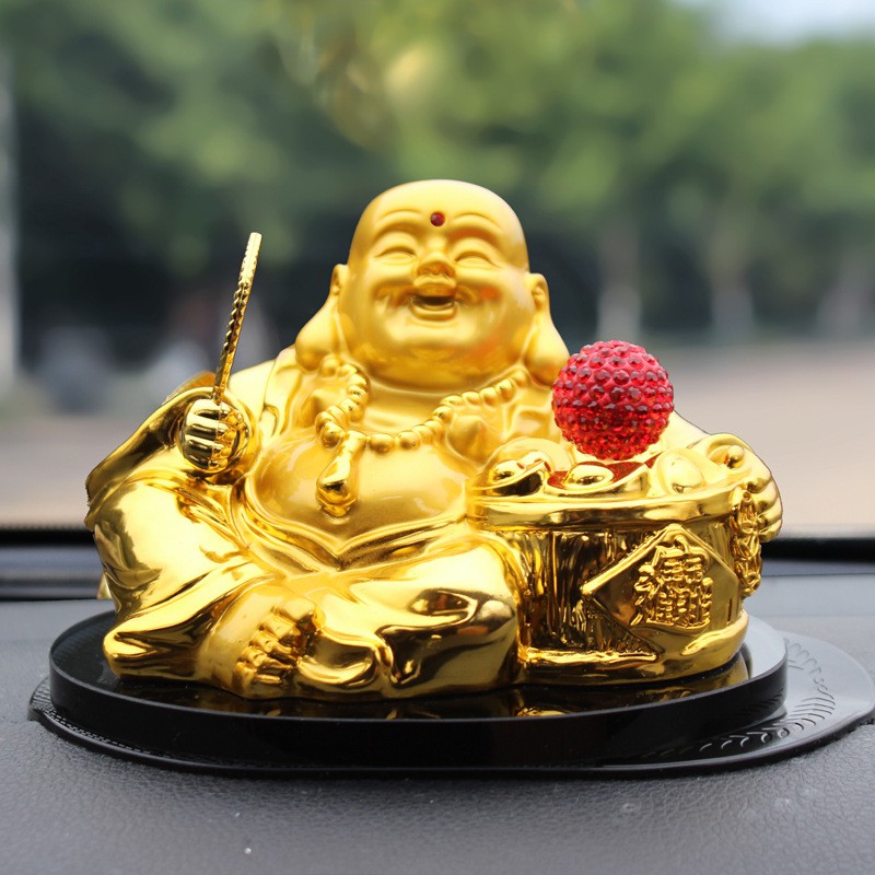 Tượng phật Di Lặc phong thủy chạy bằng năng lượng mặt trời trang trí cho ô tô, xe hơi kết hợp nước hoa