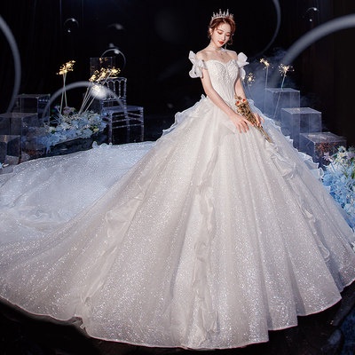 Váy cưới chính nhẹ 2020 mới sen siêu Cổ Tích Giấc Mơ Vai Ngang cô dâu đuôi dài tính khí nhỏ lấp lánh