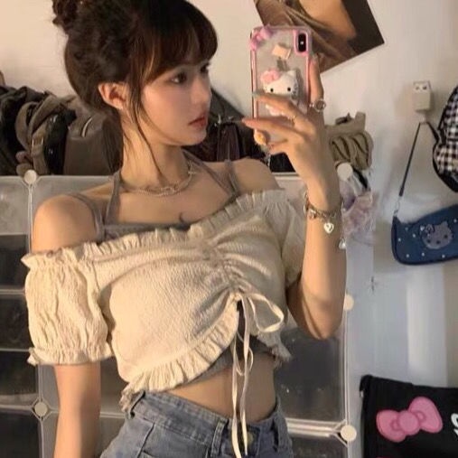 Áo Yếm Áo Nữ Hot Girl Ngắn Tay Áo Khoác Ngoài Nữ Mùa Hè Hở Vai Hở Vai Gợi Cảm Phần Ngắn