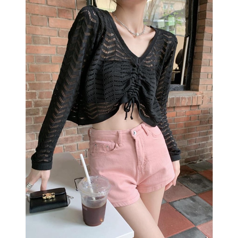 QKOOLE Áo croptop  dệt kim dáng rộng cổ chữ V phong cách Hàn Quốc thời trang cổ điển cho nữ