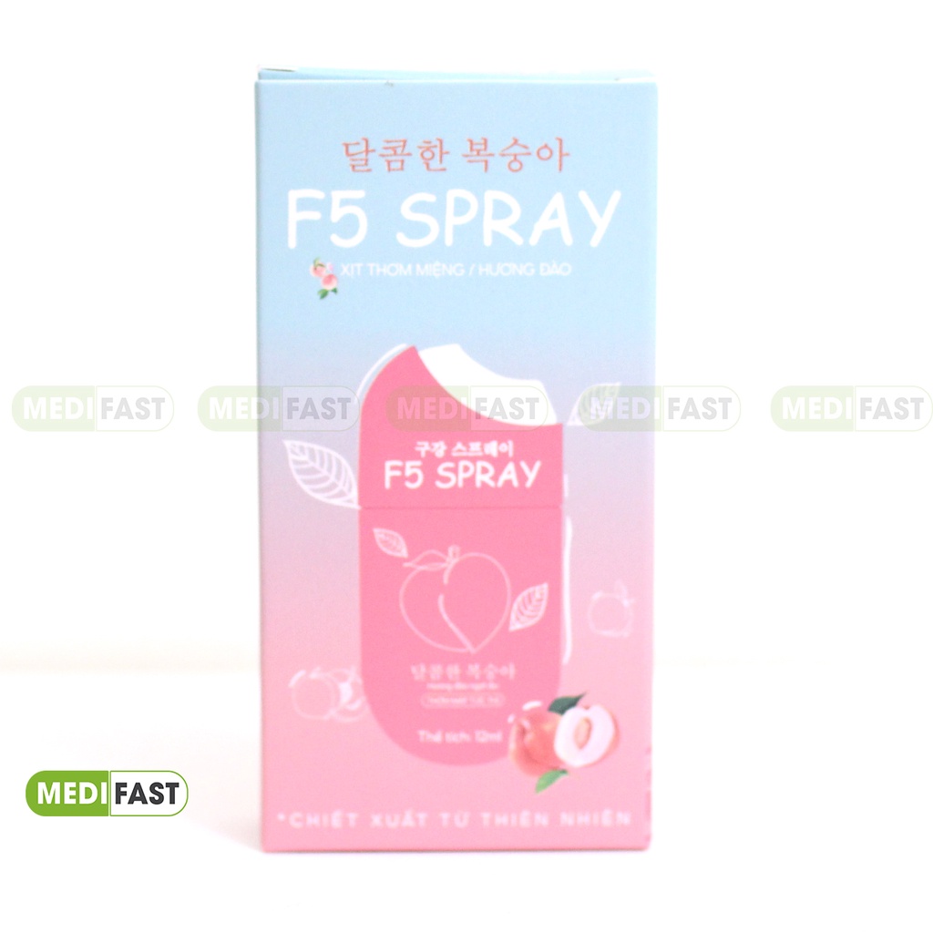 Xịt thơm miệng F5 Spray vị đào, dâu - Lọ 12ml thơm mát, làm sạch hơi thở, vệ sinh răng miệng - chiết xuất từ thảo dược