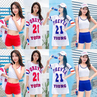 Set đồ bơi 3 mảnh gồm áo sát nách quần ngắn màu trơn và áo thun tay ngắn cổ tròn in chữ thời trang đi biển cho nữ