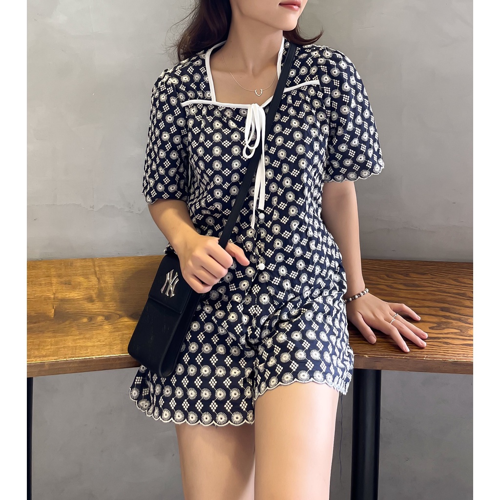 (HÀNG SẴN) Set Áo + Quần đùi chất ren thêu màu xanh đen đậm