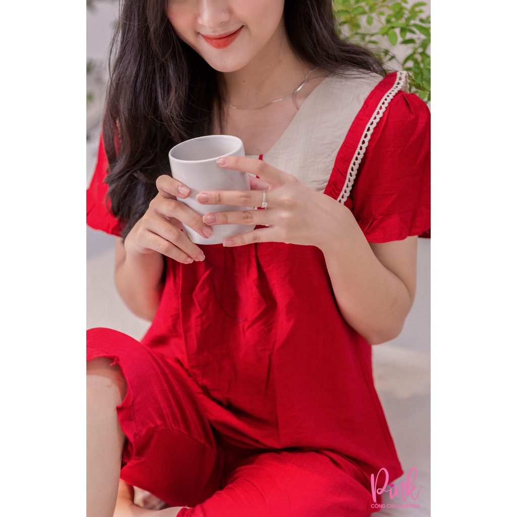 Bộ Ngủ Pijama Nữ Màu Đỏ Tay Ngắn Quần Lửng Chất Đũi Cao Cấp Thoáng Mát Hút Mồ Hôi Phong Cách Ulzzang Hàn Quốc Trẻ Trung