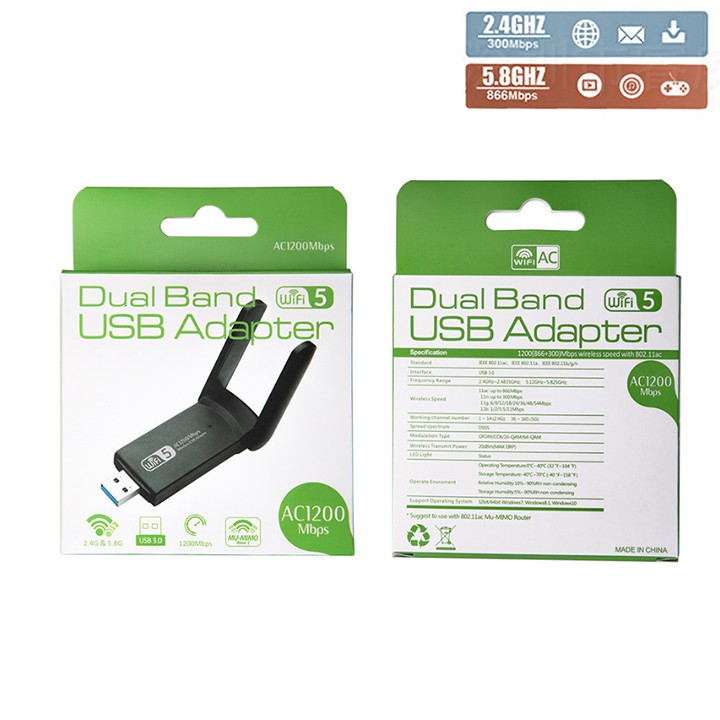 USB thu phát sóng wifi 2 râu AC1200M 5Ghz 2.4Ghz tốc độ 1200Mbps 3.0 chip RTL8812BU Foxconn