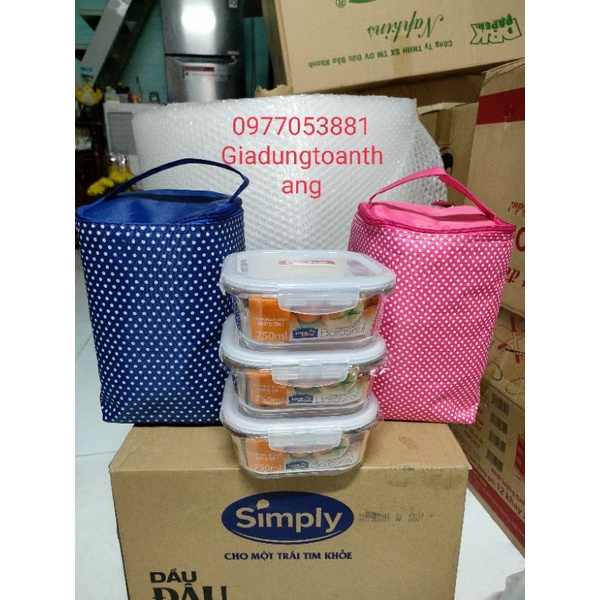  Combo 3 hộp thủy tinh lock and lock 750ml kèm túi giữ nhiệt .