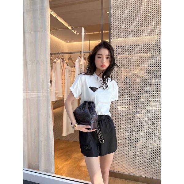 Bộ đùi cotton đen trắng Set áo logo mix quần sooc đùi dáng thụng rộng