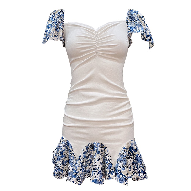 Blue floral holiday travel waist-covering hip fishtail sexy fashion A- line dress