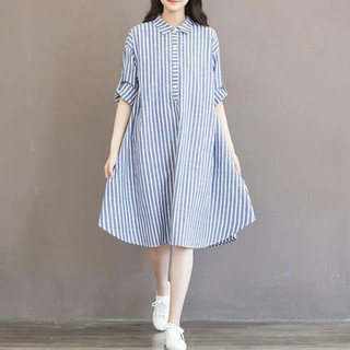 Váy midi hoạ tiết kẻ sọc thiết kế dáng rộng thoải mái thời trang nữ