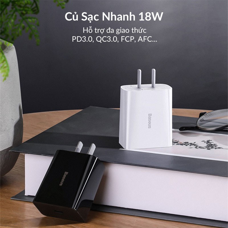 Combo Bộ Cáp Type C to Lightning Và Củ Sạc Nhanh 18W Baseus Dùng Cho iPhone, iPad, Hỗ Trợ PD3.0, QC3.0, SCP, AFC