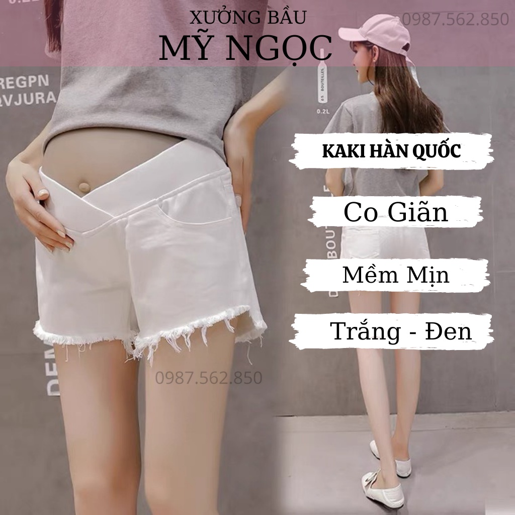 Quần Sooc Bầu Cạp Chéo Vải Thô Co Giãn, Short Bầu Có 2 Màu Đen Trắng Size từ s đến 2xl- Bầu Mỹ Ngọc
