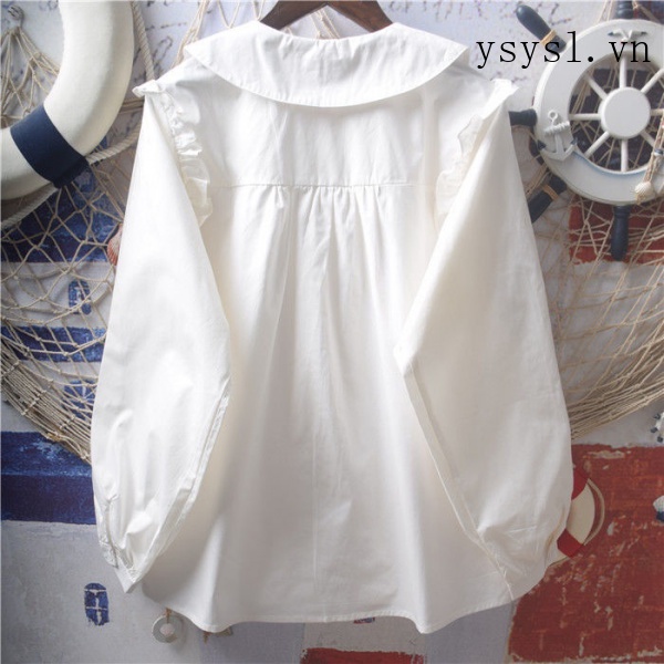 Áo Sơ Mi Trắng Dáng Rộng Cổ Búp Bê Thêu Họa Tiết Hoa Lá Phong Cách Nhật Bản Chất Liệu Mềm Mại Cho Nữ