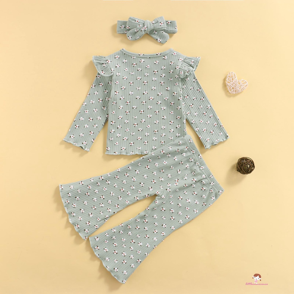 Bộ Áo Thun Tay Dài In Hoa + Quần Ống Loe + Băng Đô Thời Trang Cho Bé Gái Q7-Kid