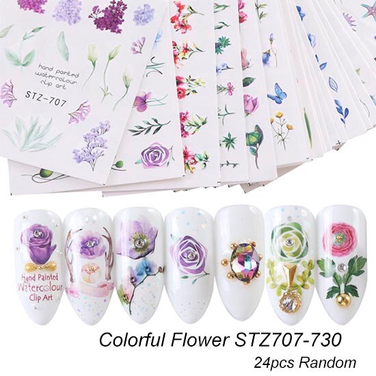 Bộ 24 sticker dán móng tay nghệ thuật hình hoa dấu nước nhiều màu sắc