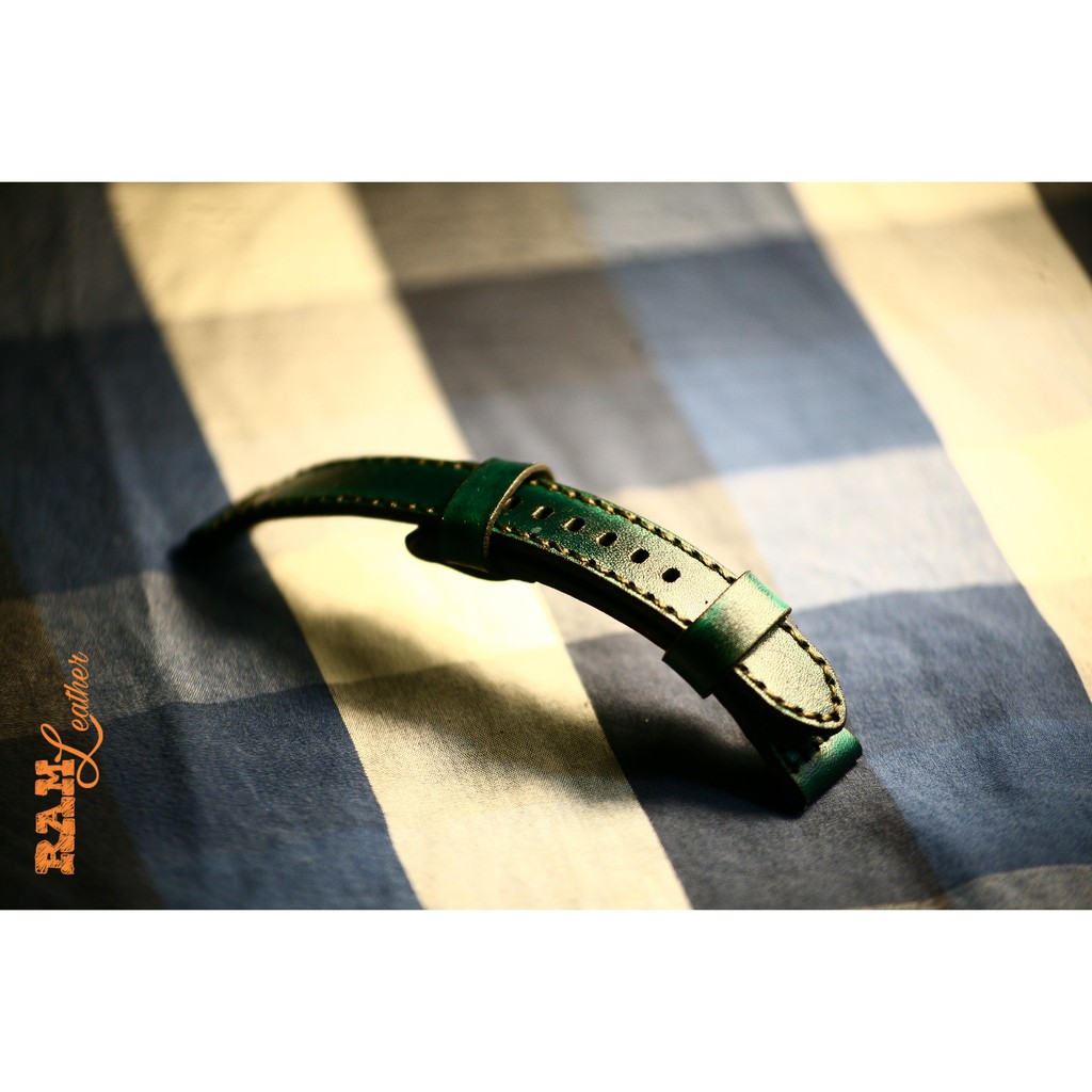 Dây đồng hồ RAM Leather vintage 14mm da bò Italia Vegtan xanh lục
