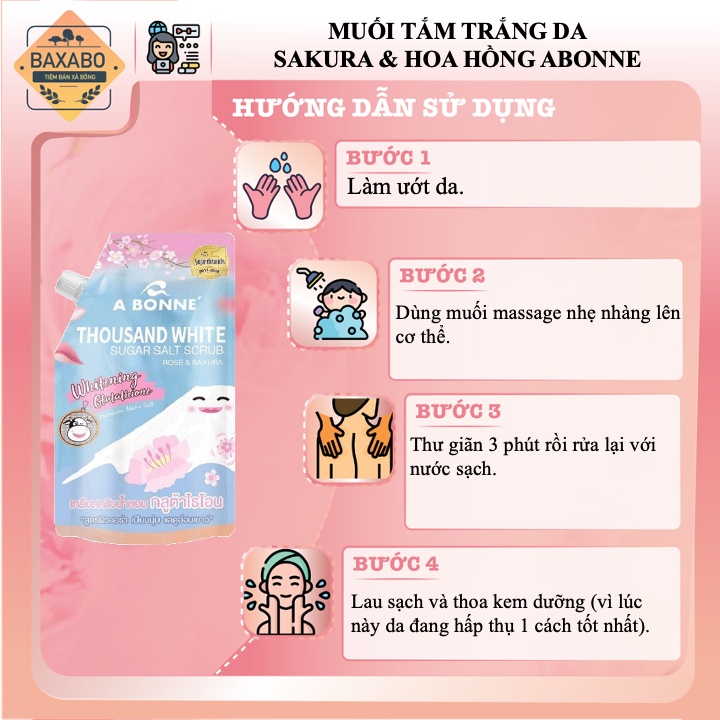 MUỐI TẮM TRẮNG DA A BONNE THOUSAND WHITE SUGAR SALT SCRUB - HOA HỒNG & HOA ANH ĐÀO - 350GR CÓ VÒI - CHÍNH HÃNG C.A.C