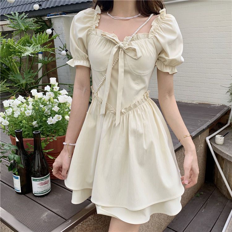 🎀váy babydoll Đầm Dáng Chữ A Cổ Vuông Tay Phồng Cột Dây Eo Thời Trang Xuân Hè Phong Cách Mới Cho Nữ
