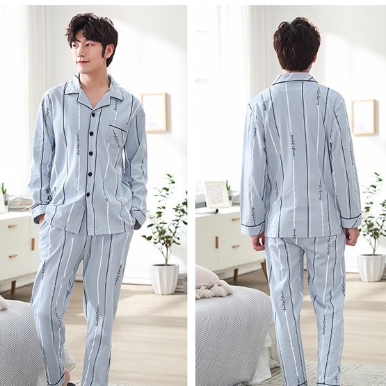 Set đồ ngủ tay dài họa tiết sọc có size ngoại cỡ thời trang cho nam