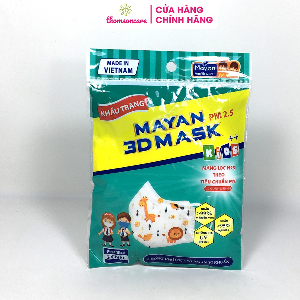 Khẩu trang y tế Mayan 3D gói 5 chiếc kháng khuẩn lọc bụi mịn, chống nắng tia UV bảo vệ da