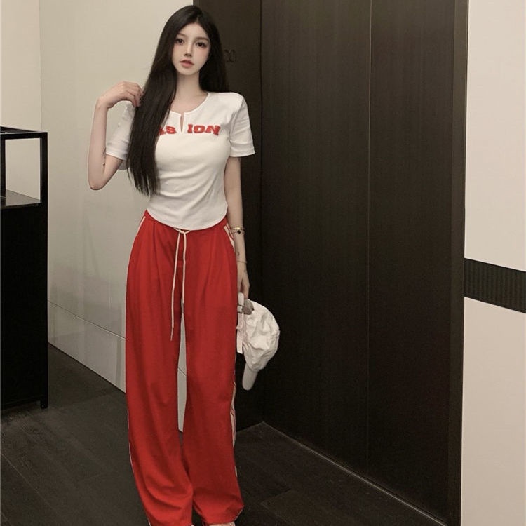 COZOKC COZOK Set áo thun ngắn tay cổ chữ v + quần dài COZOK lưng thun dây rút thời trang cho nữ