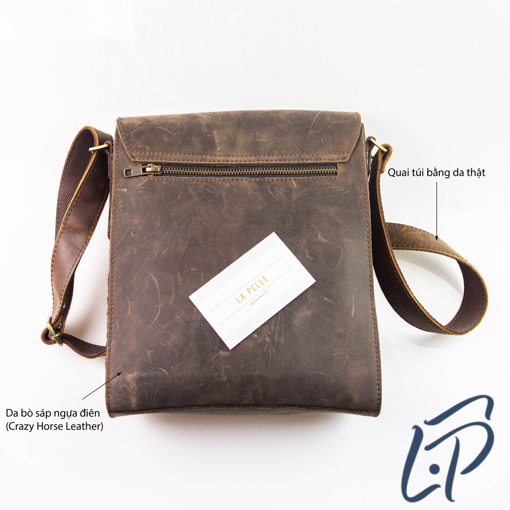 Túi đeo chéo  Nam da bò sáp cao cấp - La Pelle the Classic bag wax leather - màu nâu cà phê Bản 2020