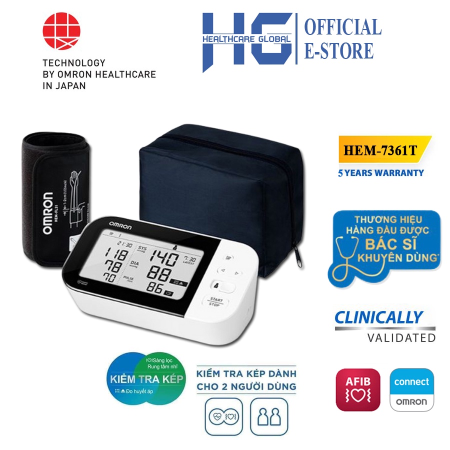 Máy Đo Huyết Áp Bắp Tay Kết Nối Bluetooth Omron HEM 7361T | Chức Năng Phát Hiện AFIB (Rung Tâm Nhĩ Cảnh Báo Đột Quỵ)