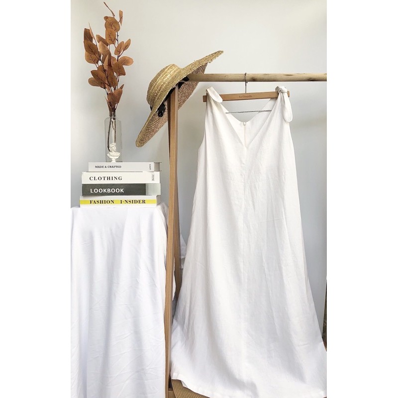 Đầm suông dài vai thắt nơ vải Linen