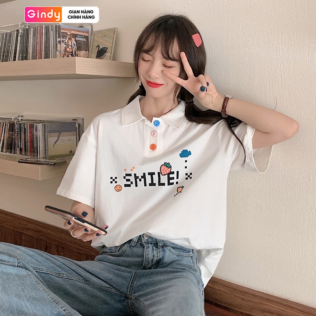 Áo thun phông nữ polo GINDY cổ bẻ cotton phong cách unisex tay lỡ thoáng mát A8108