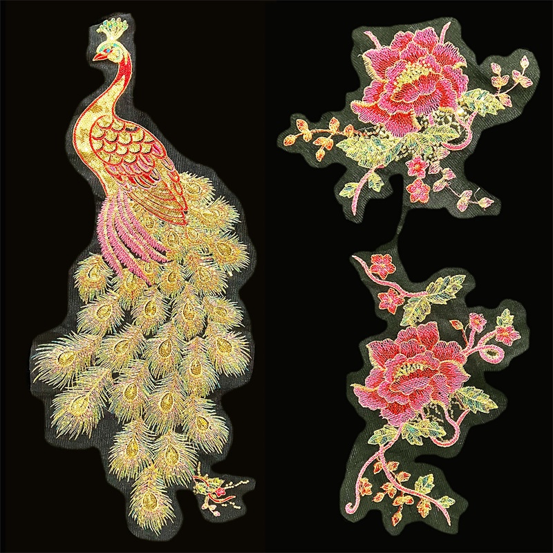Miếng Vải Ren Thêu Hình Hoa Mẫu Đơn / Chim Công / Chim Công Đính Kim Sa Lấp Lánh 70 * 30CM Trang Trí Váy Cưới