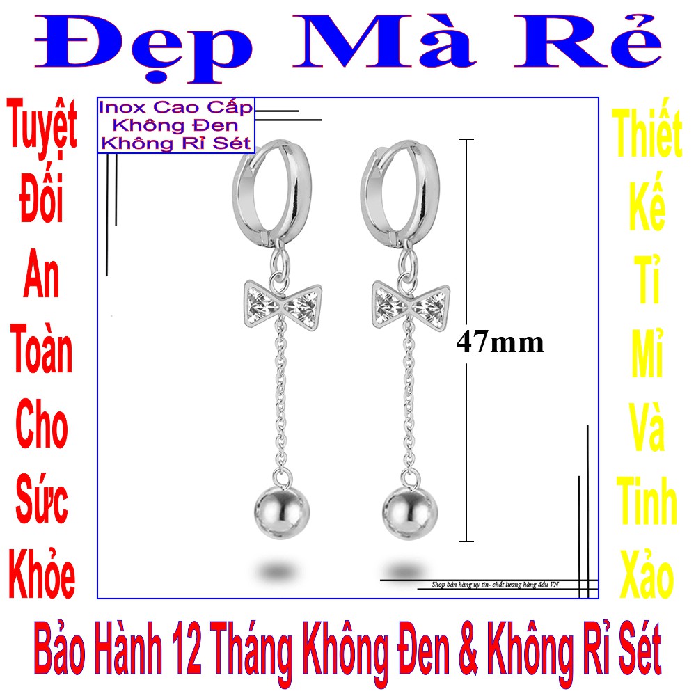 Bông tai màu vàng nữ đẹp kiểu tòn ten chiếc nơ đính đá Zircon treo viên bi - Cam kết 1 đổi 1 nếu hoen , gỉ sét