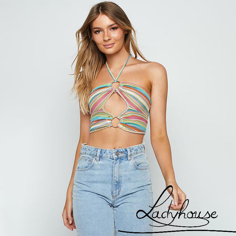 Áo Hai Dây Hở Lưng In Họa Tiết Kẻ Sọc Nhiều Màu Sắc Cho Nữ