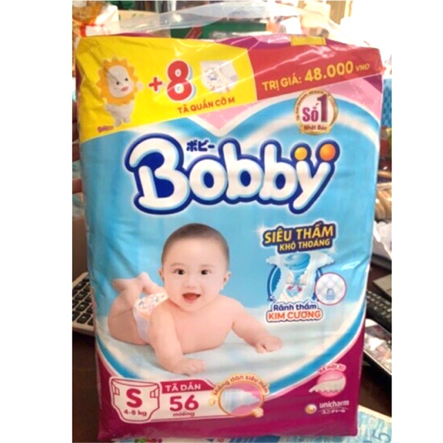 Tã dán bobby size s56 tặng 8 miếng bỉm quần size m