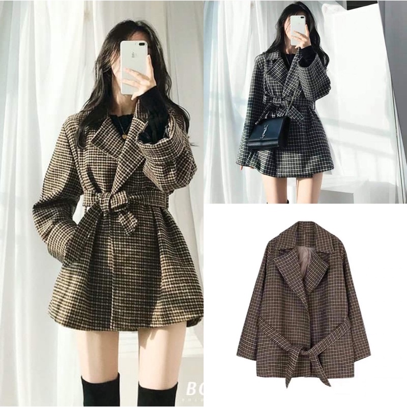 [HÀNG SẴN]ÁO KHOÁC DẠ TWEED kẻ caro kèm đai thắt eo 2 lớp cực xinh