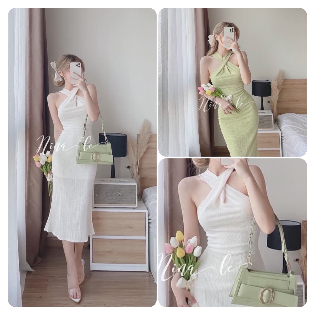 Đầm midi cổ yếm chéo cổ 2 màu, chất liệu xốp đi chơi đi tiệc đều sang chảnh