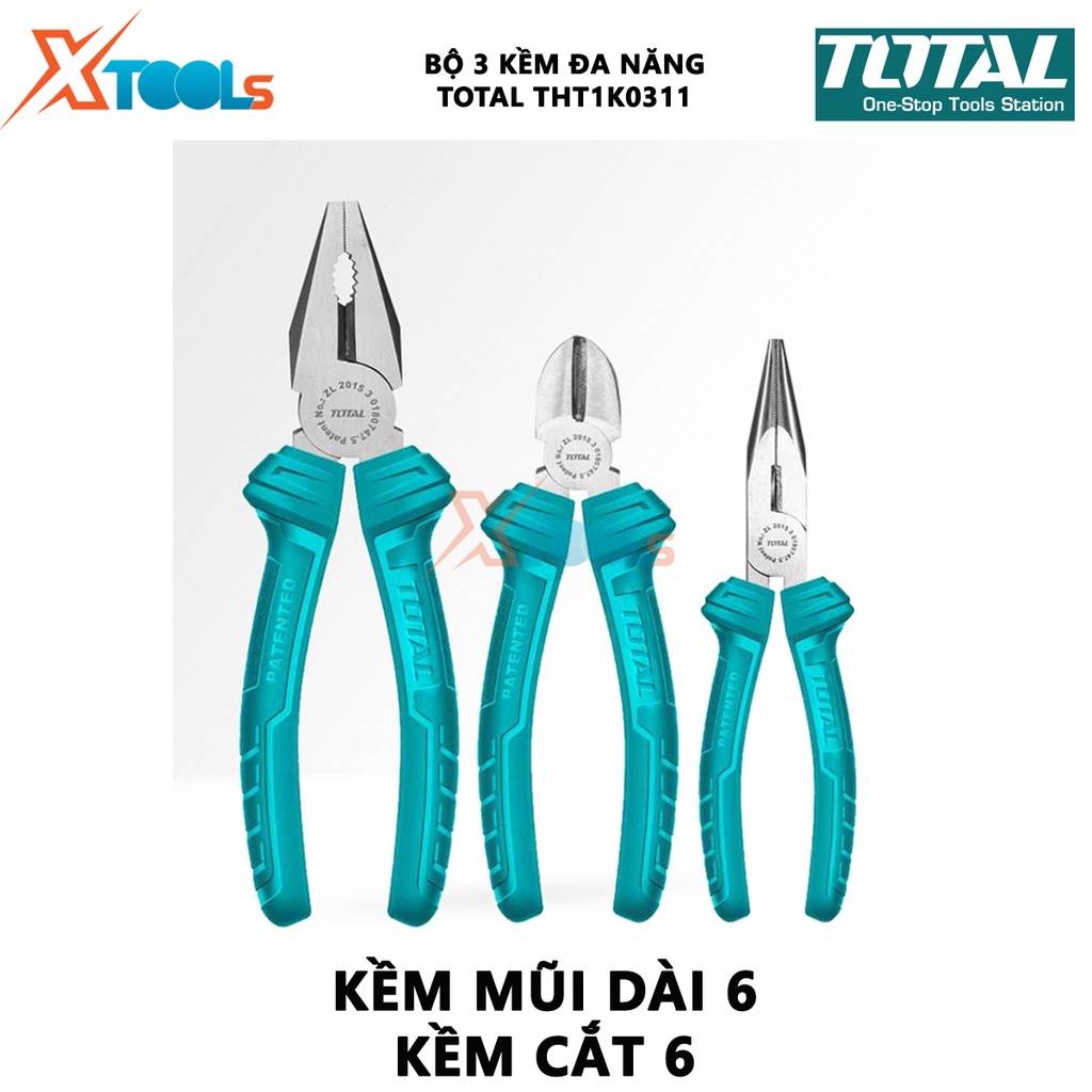 Bộ 3 kìm điện, kìm cắt, kìm mũi nhọn TOTAL THT1K0311 | bộ kềm đa năng gồm ba loại răng 7&quot;, mũi dài 6&quot;, cắt 6&quot;, đầu kềm đ