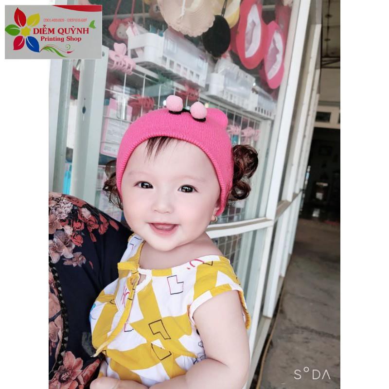 Nón len kèm 2 chùm tóc giả cho bé gái
