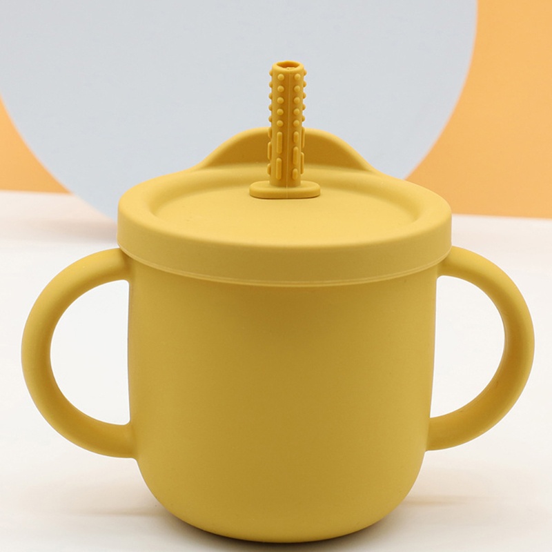 Cốc silicon 300ml đựng nước và thức ăn thiết kế tay cầm đôi có ống hút di động cho trẻ em