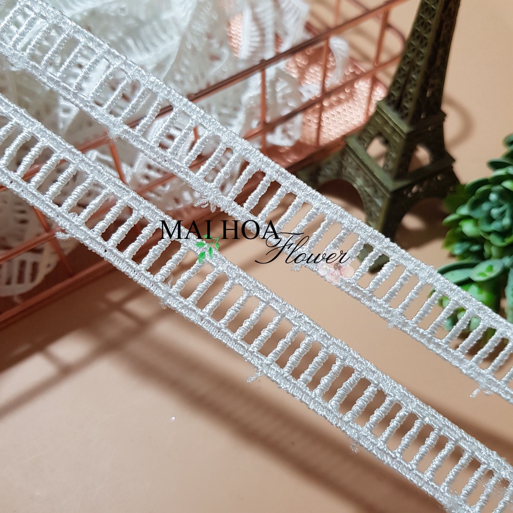 RC15 Cuộn 20 mét ren viền váy áo ren chỉ trắng hình thang dùng may đồ rộng 1.5cm Maihoaflower