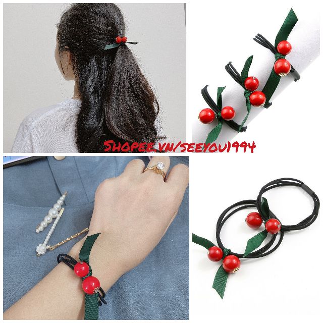 Nơ Chun Buộc Cột Tóc Cherry, Bơ, Dâu Tây, Hoa Cúc, Khủng Long, ngọc, nơ trơn