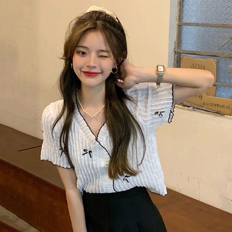 Áo Sơ Mi Ngắn Tay Cổ V Thắt Nơ Phong Cách Phương Tây Thời Trang Mùa Hè Dành Cho Nữ