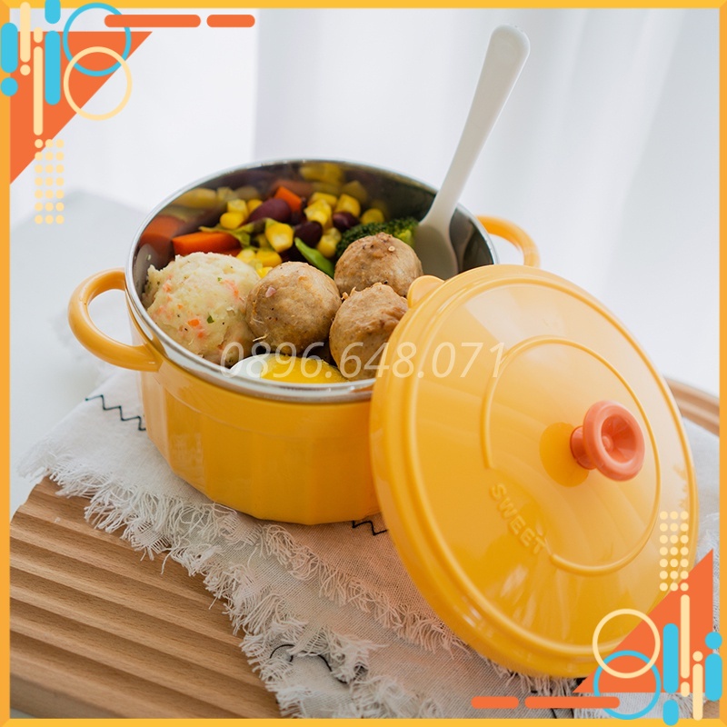 Bát Ăn Mì Có Nắp Cute Có Tay Cầm Inox Phong Cách Hàn Quốc Kèm Thìa, Bát Úp Mì Tôm Tiện Lợi Cực Xinh